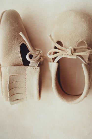 LEATHER FRINGED BALLERINAS - Sand Brown by Zara