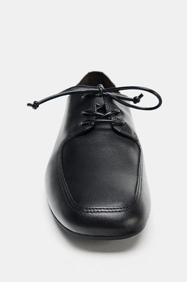 LEATHER LACE-UP FLAT SHOES - Black by Zara - Image 4