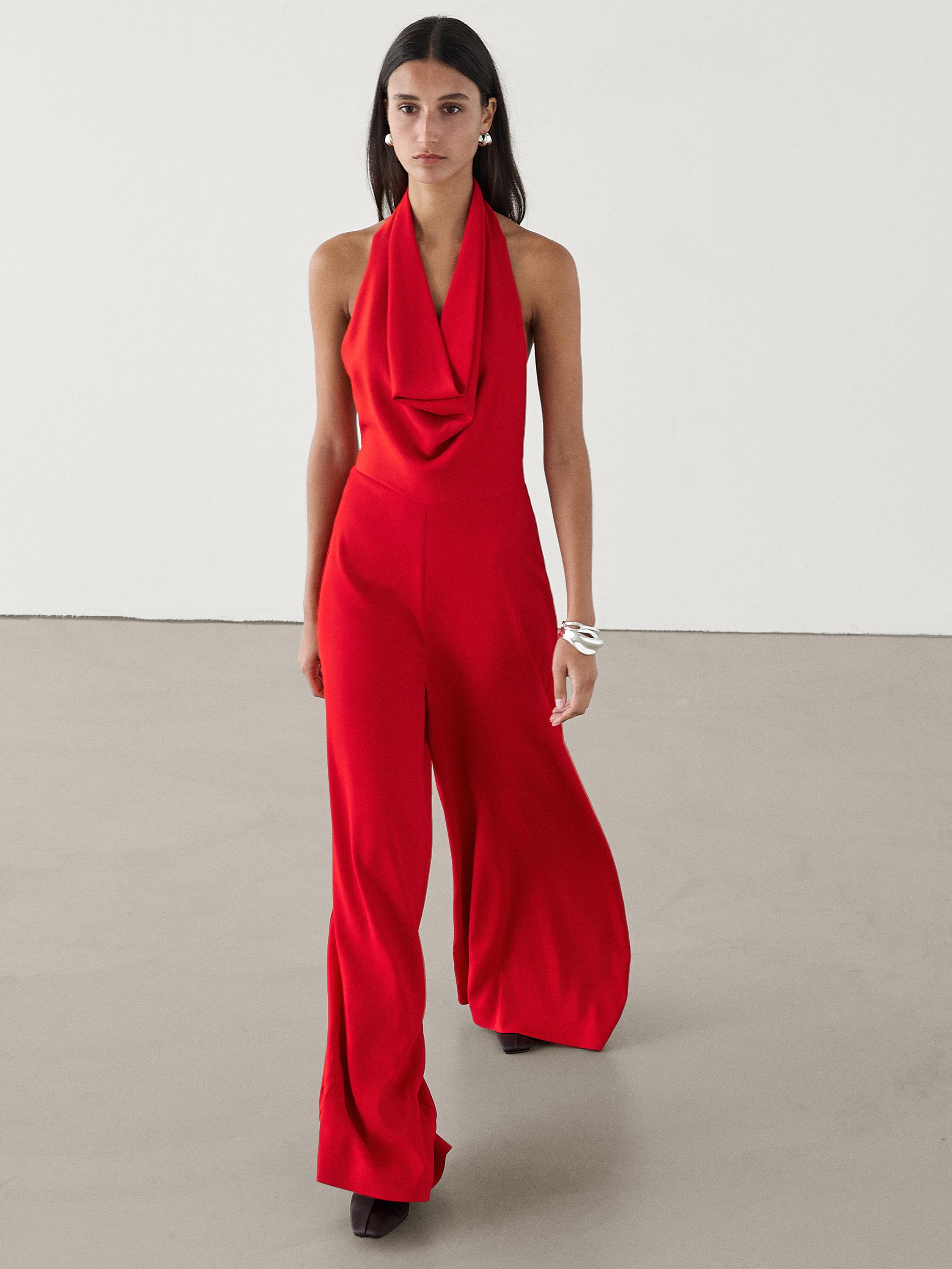 Red halter neck jumpsuit on sale