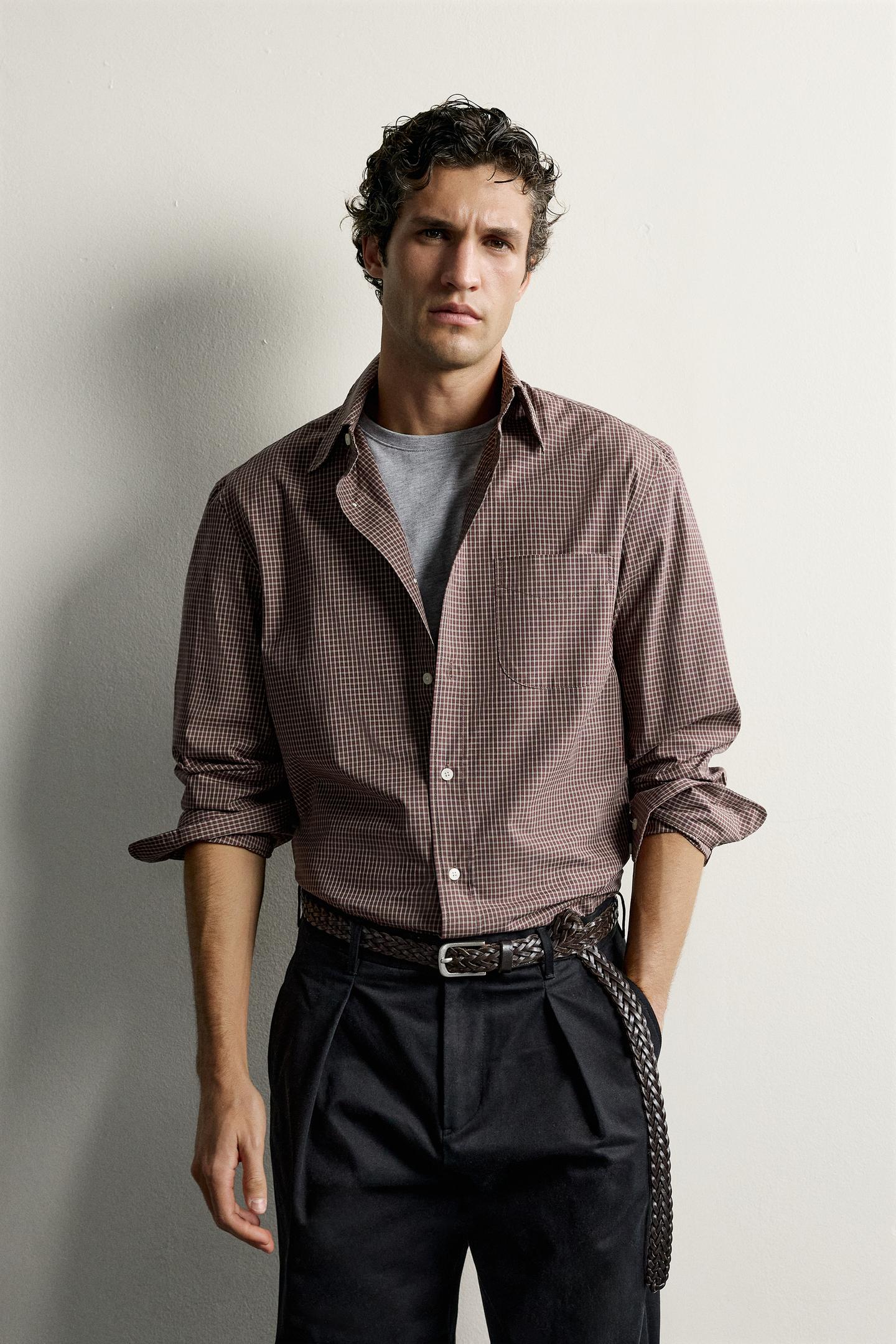 Мужская рубашка Zara Regular Fit Plaid, цвет: Бордовый — фото 2