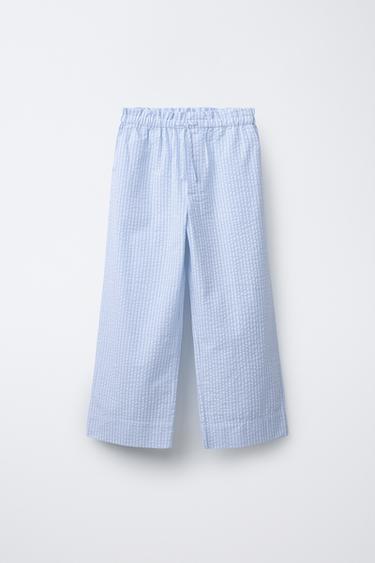 Zara STRIPED SEERSUCKER PANTS - Blue