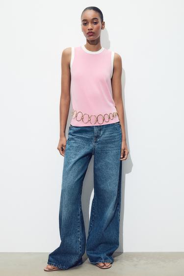 Zara SLEEVELESS KNIT TOP - Pink / White