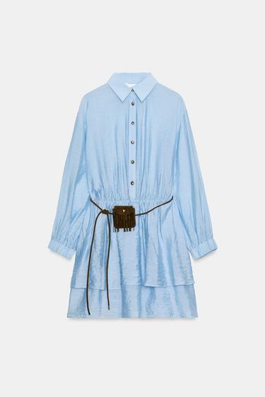 KURZES KLEID MIT GÜRTEL UND TASCHE - Himmelblau von Zara