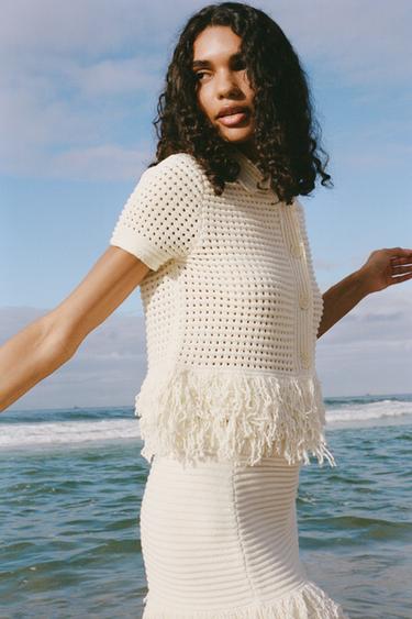 FRINGED CHECK KNIT JACKET - Ecru by Zara