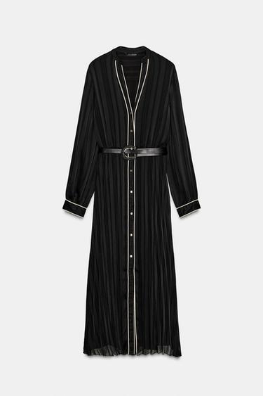 PLEATED MIDI DRESS WITH CONTRAST PIPING BELT - Black by Zara - Image 7