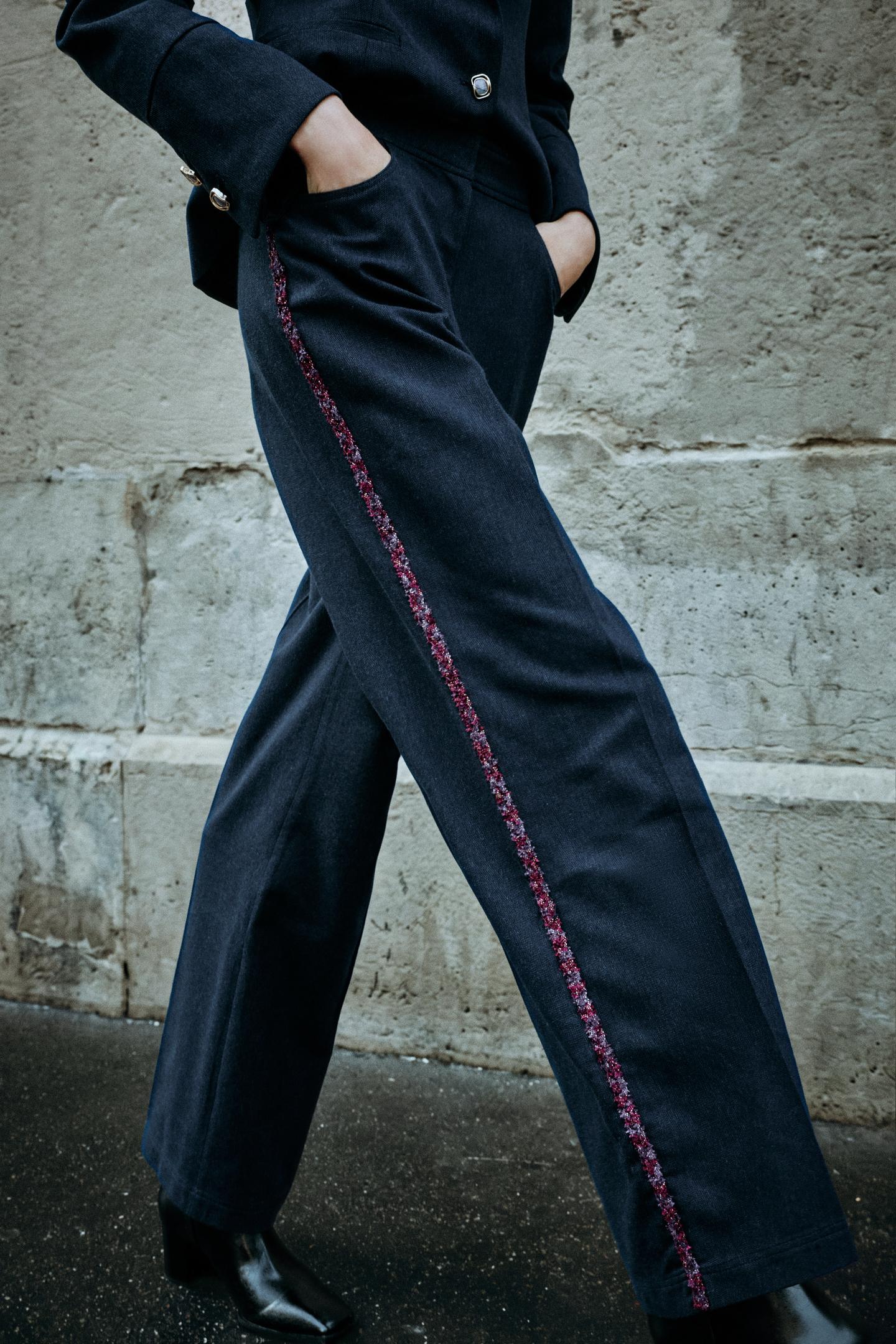 Женские брюки Zara Straight-Leg Trim, цвет: Синий — фото 5