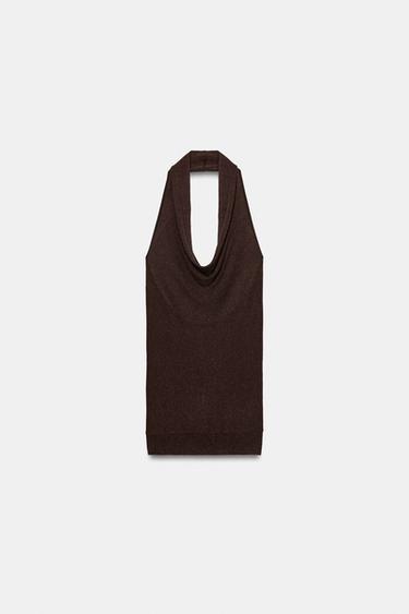 Zara METALLIC THREAD RIB KNIT HALTER TOP - Brown