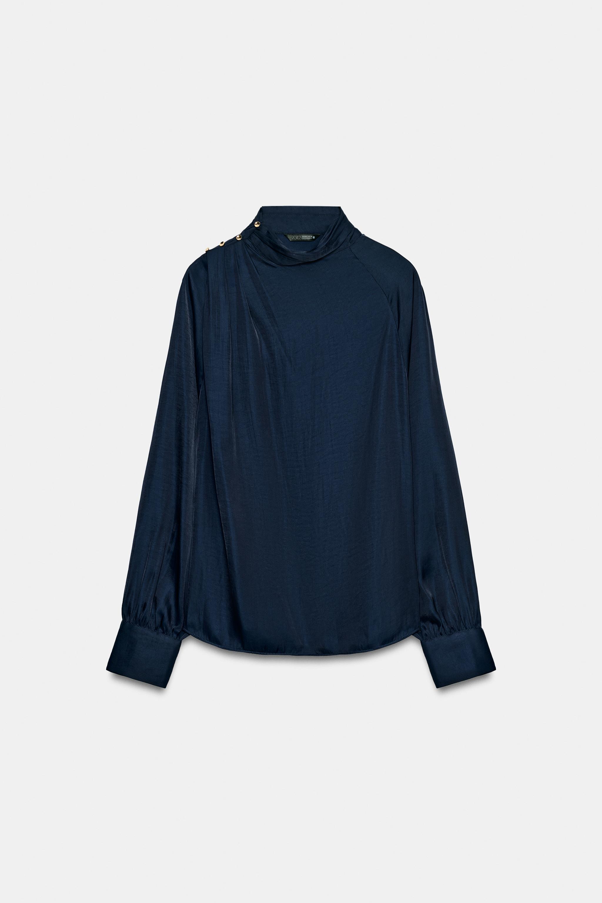 SATIN BLOUSE WITH DRAPED NECK - Navy blue | ZARA South Africa