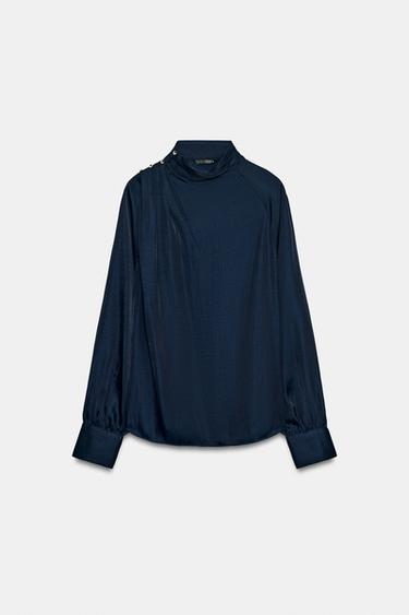 BLUSA SATINADA CUELLO DRAPEADO - Marino de Zara - Imagen 0