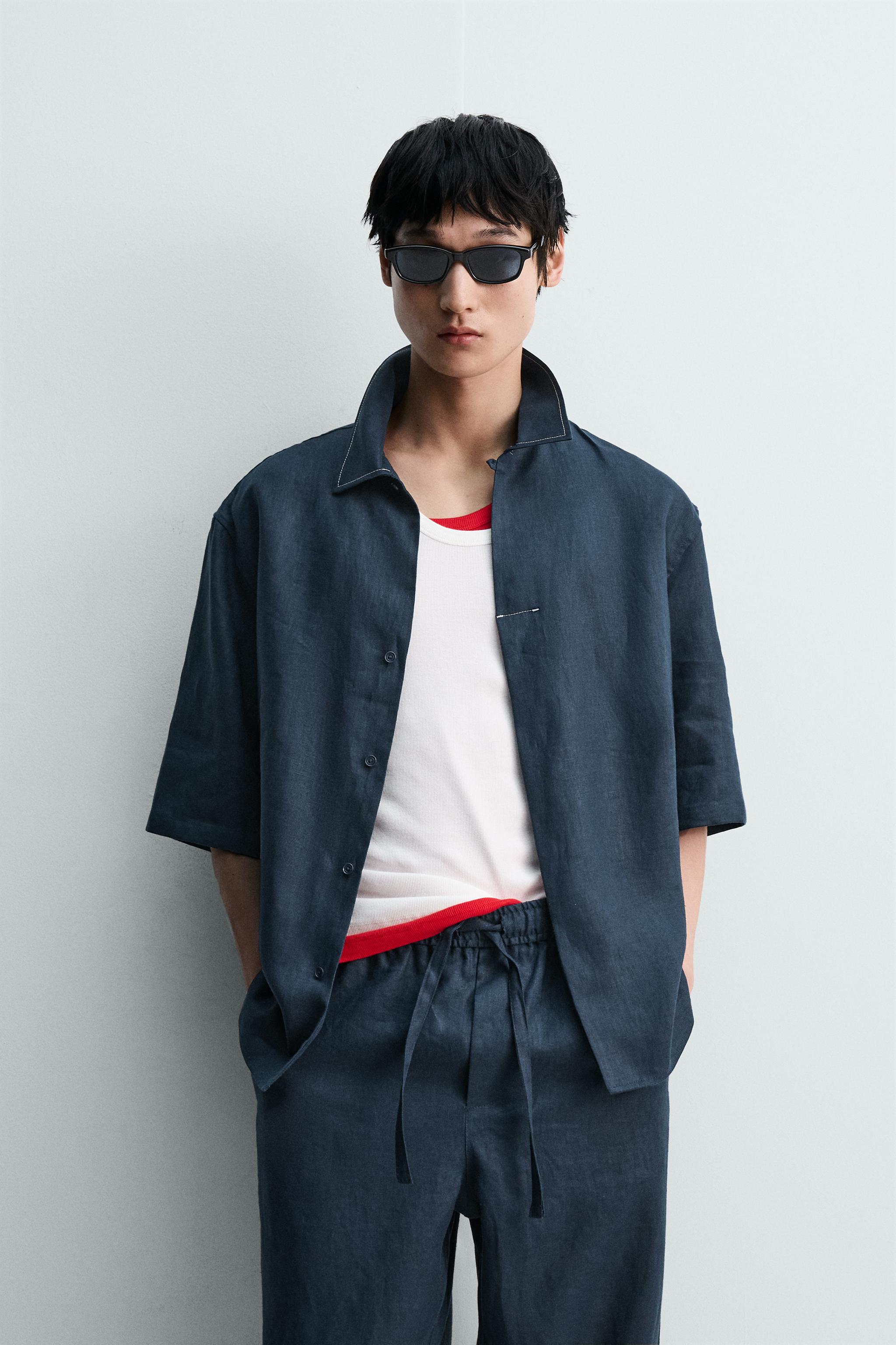 コントラストステッチ 100% リネンシャツ - インディゴブルー | ZARA