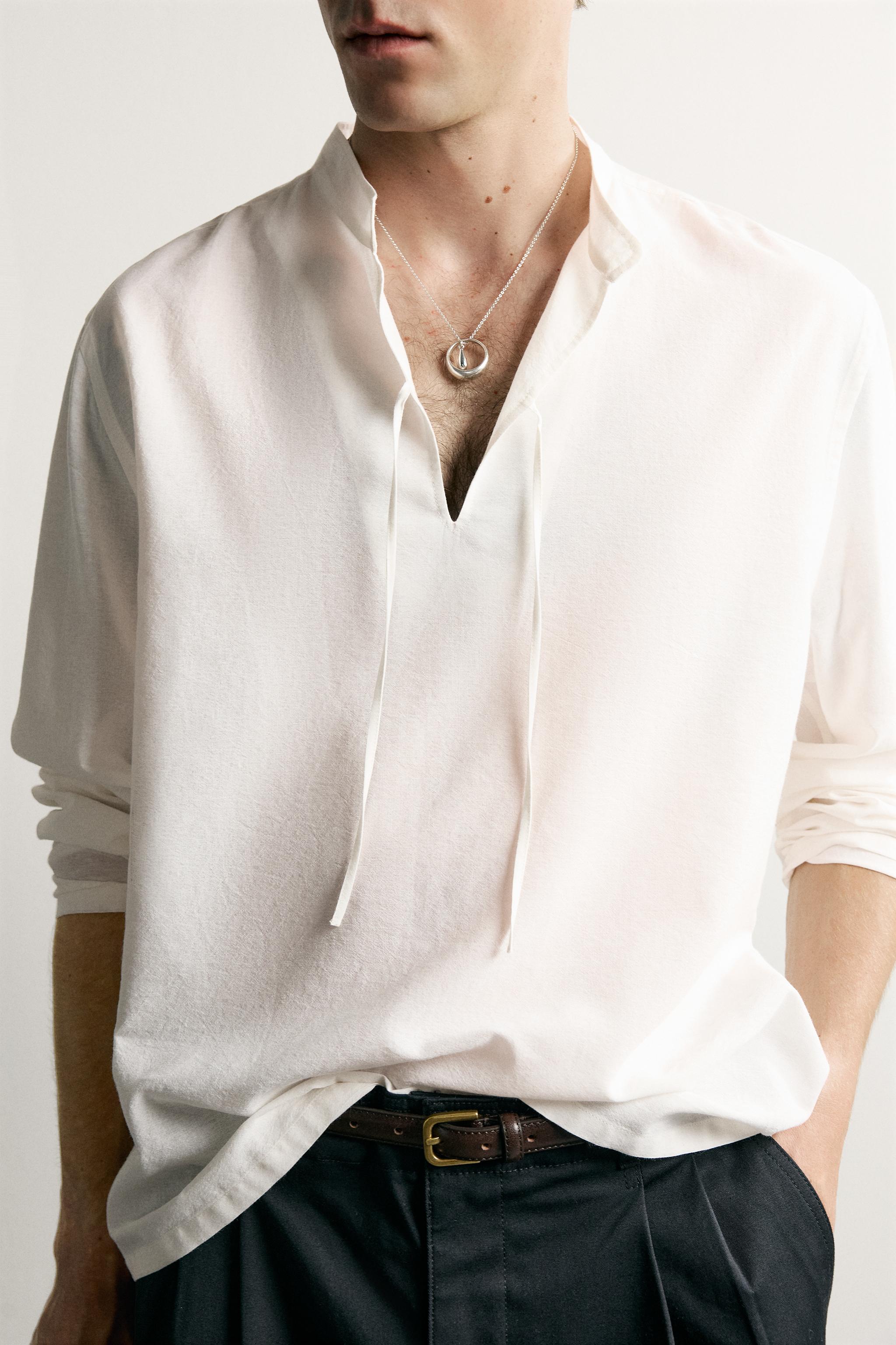 Мужские рубашки Zara COTTON VISCOSE TIE DETAIL RELAXED FIT SHIRT — фото 5