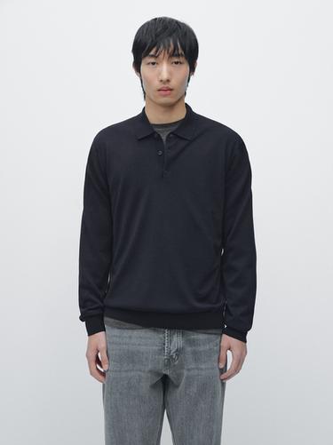 Zara 100% wool knit sweater with polo collar - Navy blue