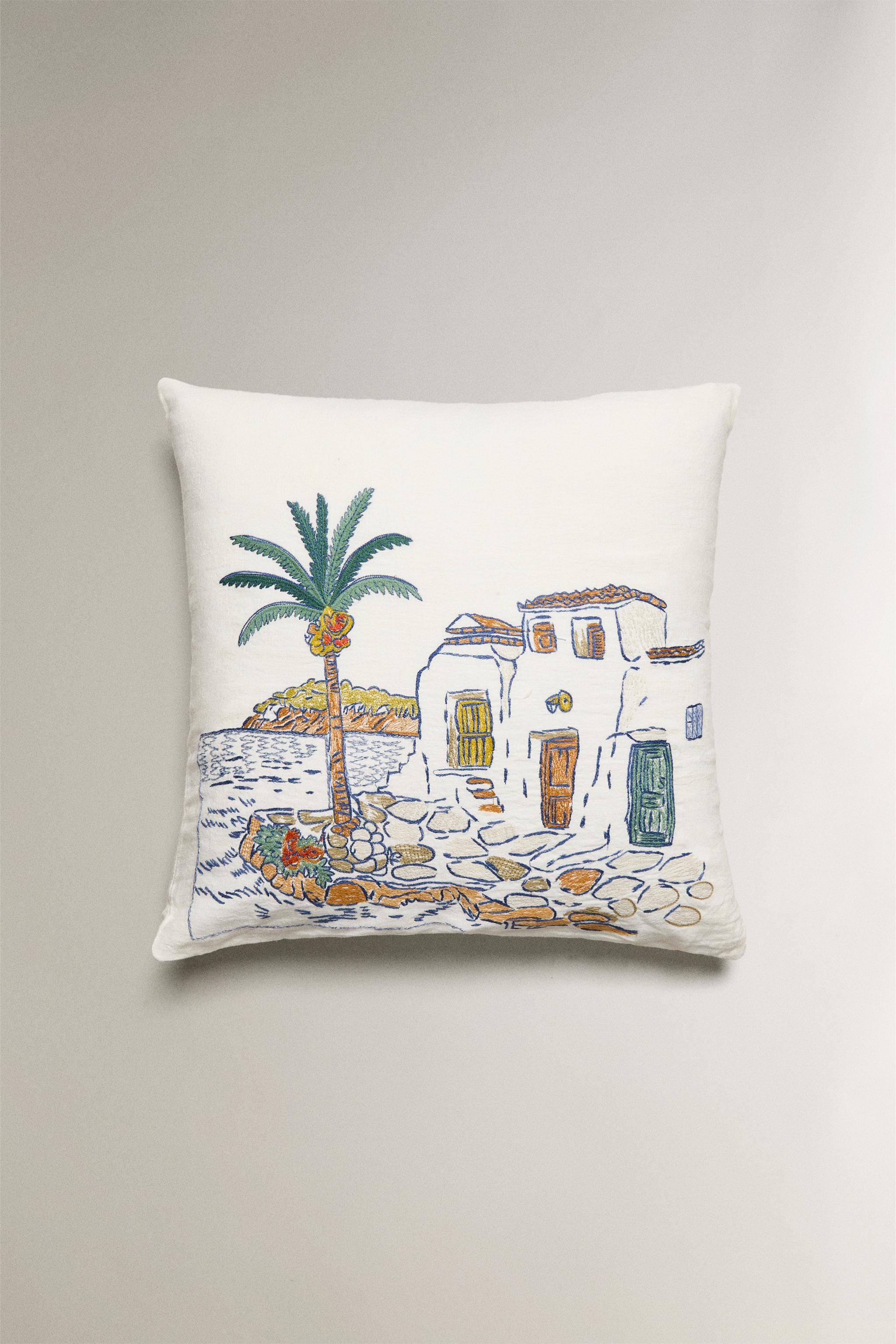 EMBROIDERED HOUSES THROW PILLOW COVER