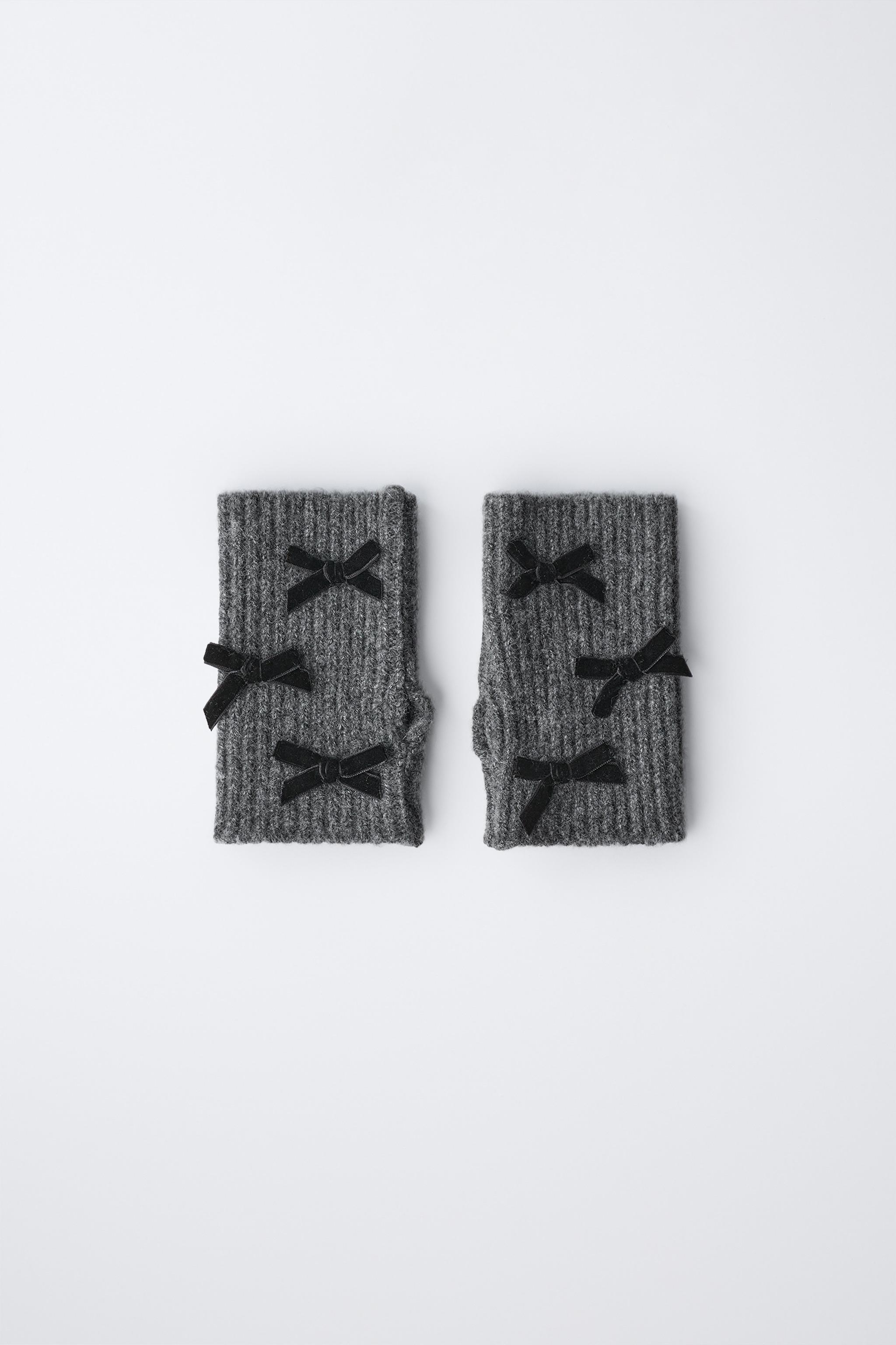 KNIT MITTEN GLOVES WITH VELVET BOWS