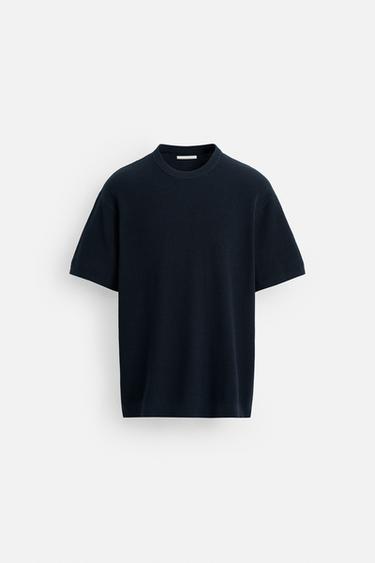Zara PURL KNIT T-SHIRT - Navy blue