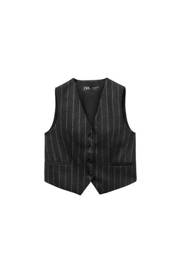 Front view of a gray vest with vertical stripes and side pockets.