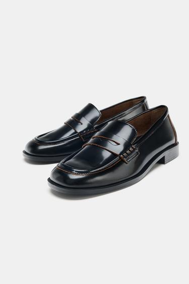 LEATHER LOAFERS WITH CONTRAST - Black by Zara - Image 2