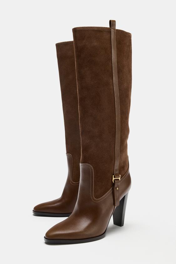 BOTTES TALONS COMBINÉES CUIR - Marron de Zara - Image 1