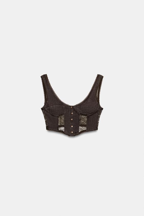 TOP CROP DENIM ENCAJE - Marrón de Zara - Imagen 0