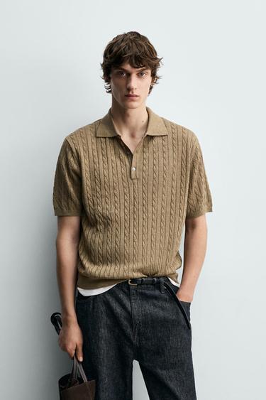 POLO EN MAILLE STRUCTURÉE À TRESSES - Camel moyen de Zara