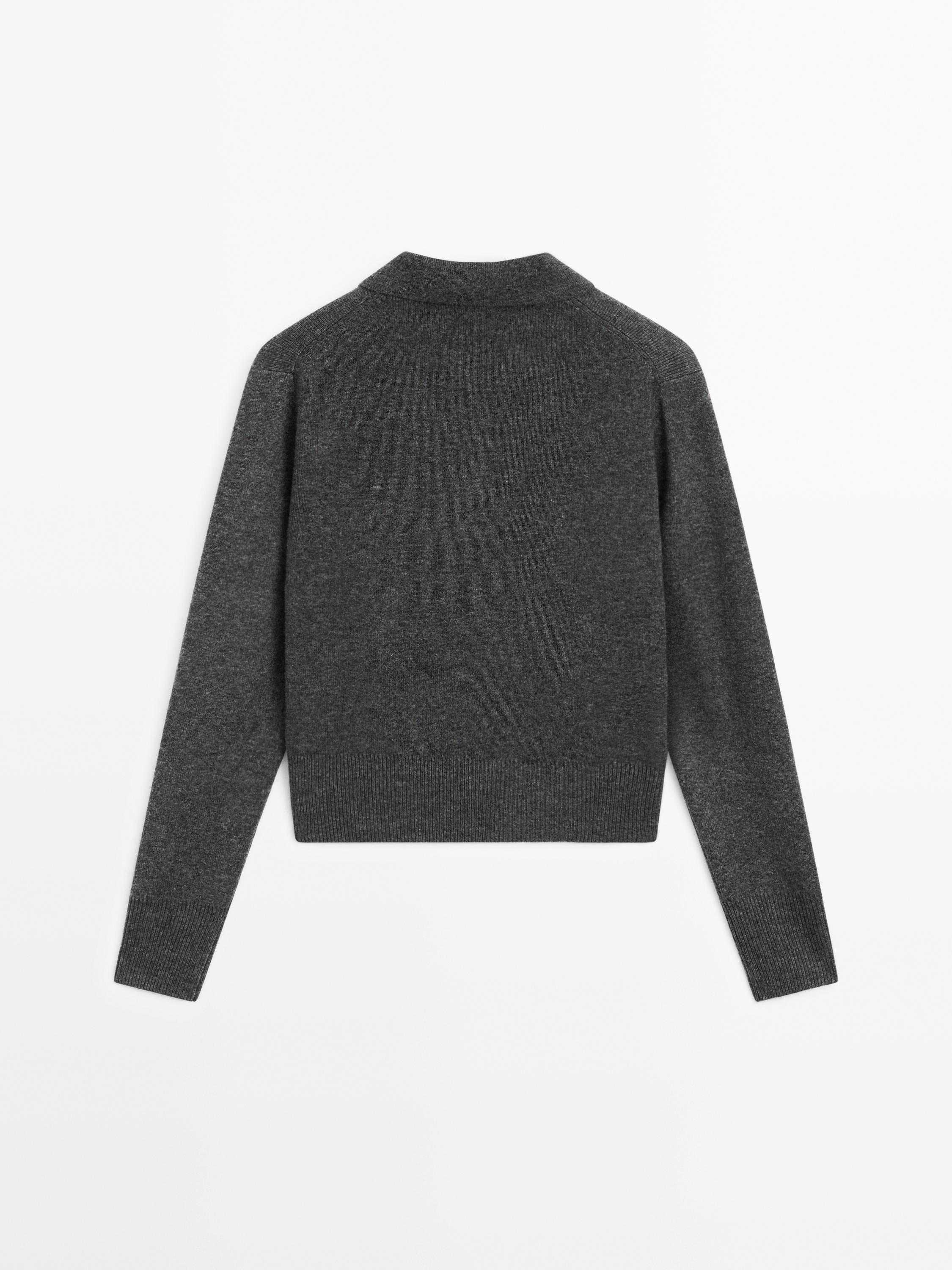Wool blend knit sweater with polo collar - Anthracite grey