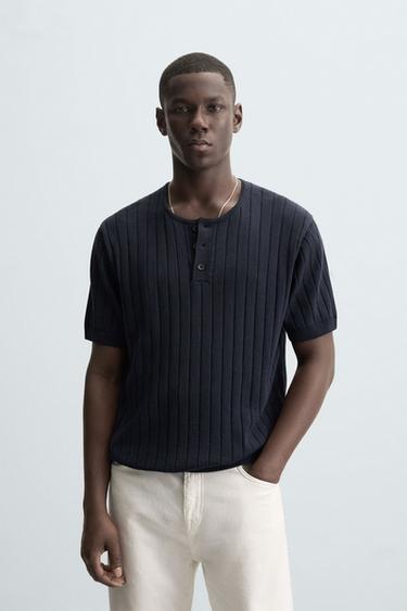 BUTTON-NECK KNIT T-SHIRT - Navy blue by Zara
