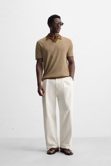 Zara STRIPED KNIT POLO SHIRT - Caramel - Image 0