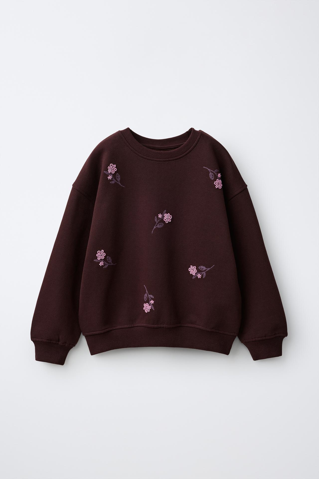 BEADED FLORAL SWEATSHIRT — Eggplant