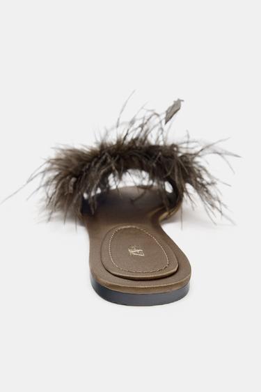 FEATHER FLAT SANDALS - Chocolate Brown by Zara - Image 3