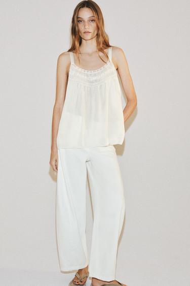 ZW COLLECTION SATIN TOP WITH LACE TRIM - Oyster-white by Zara