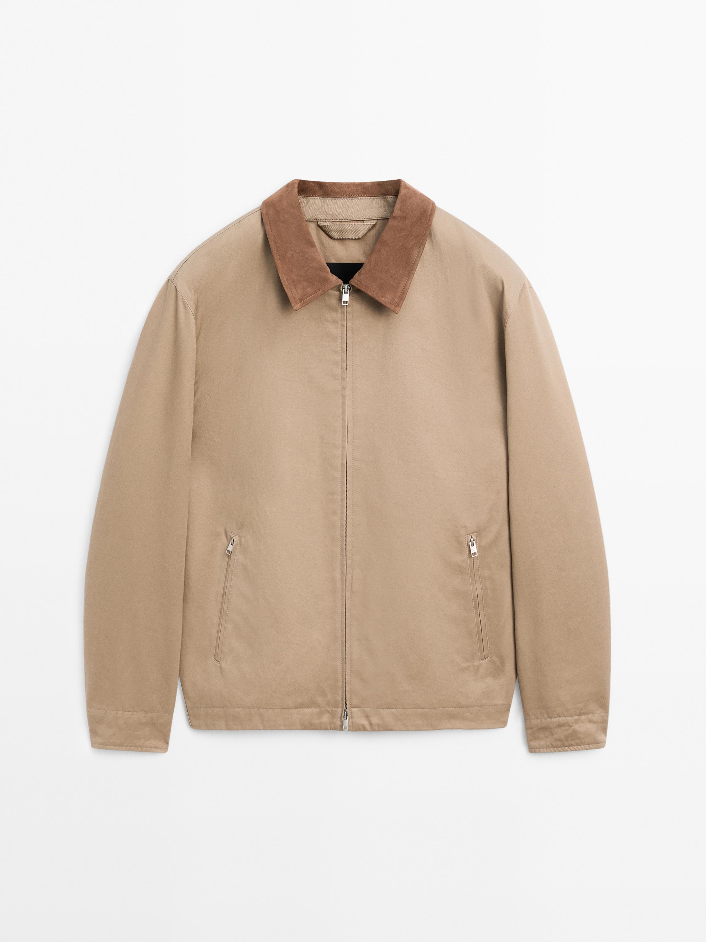 Cotton jacket with leather collar detail - Beige | ZARA