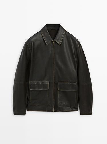 Zara Distressed effect short nappa leather jacket - Brown
