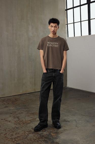 Zara BOXY FIT 洗水標語 T 恤 - 卡其色