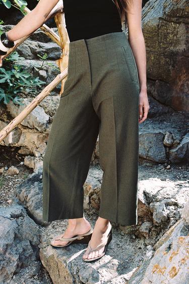 Zara STRAIGHT LEG RUSTIC PANTS - Khaki