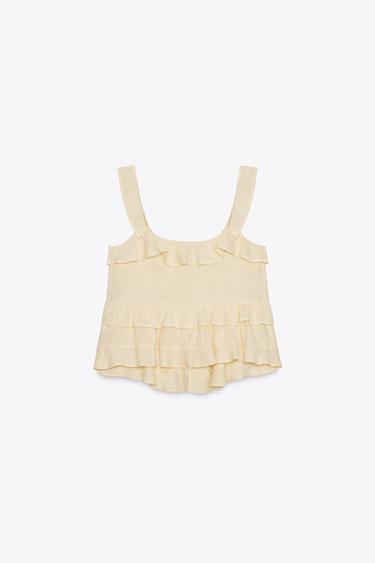 RUFFLED LACE LINEN BLEND TOP - Light yellow by Zara - Image 6