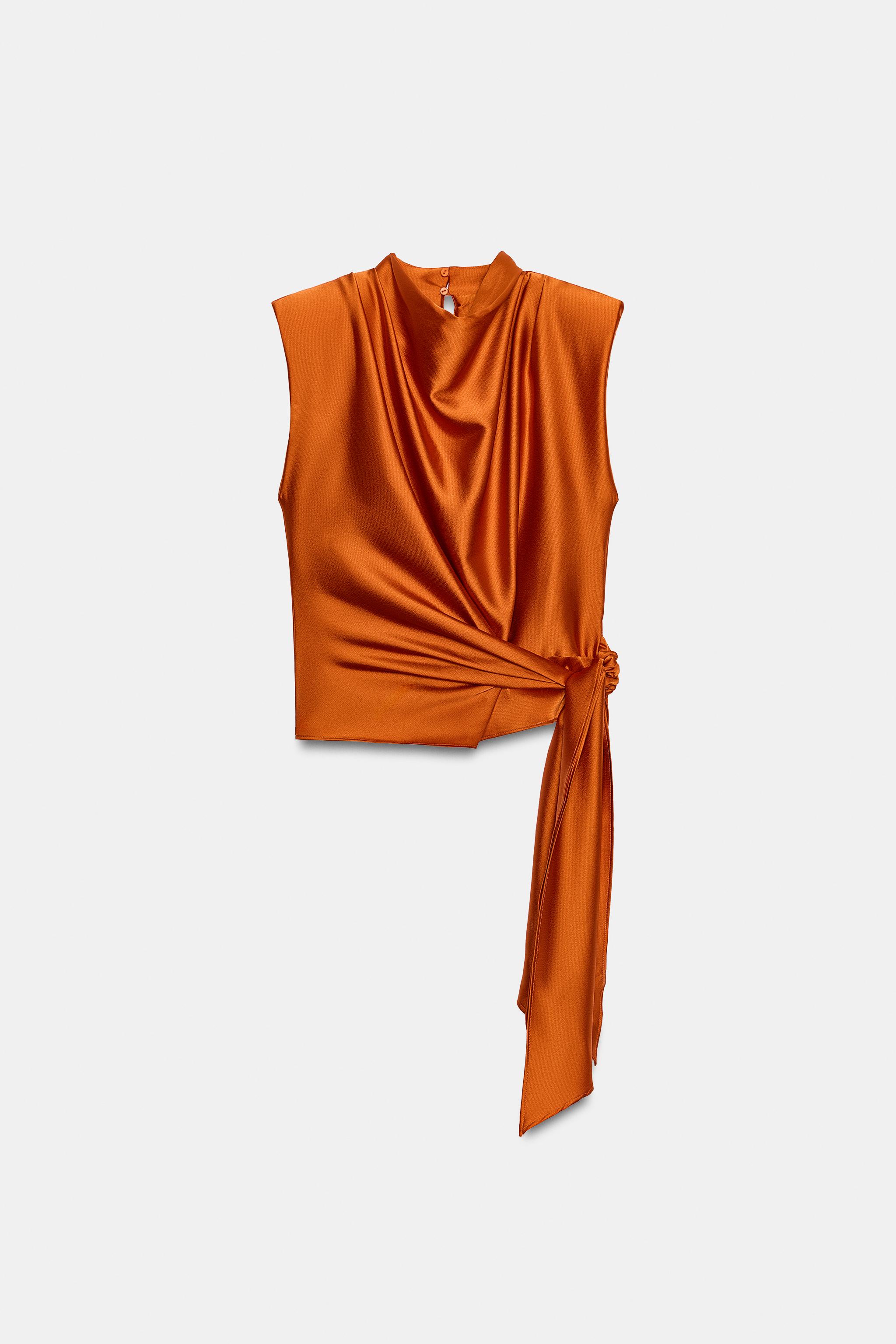 Женские рубашки Zara KNOTTED SHOULDER PAD SATIN EFFECT TOP — фото 7