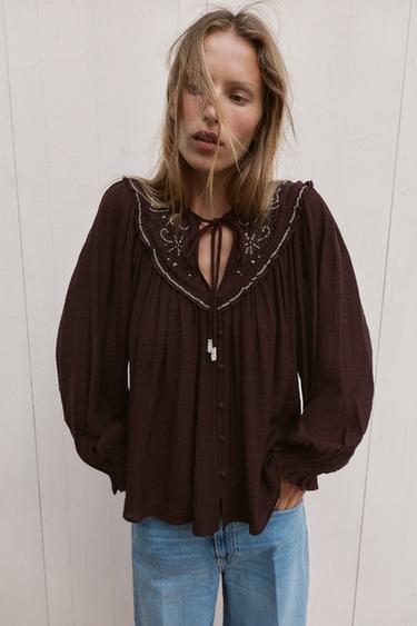 EMBROIDERED BLOUSE WITH BEADING - Aubergine by Zara - Image 2