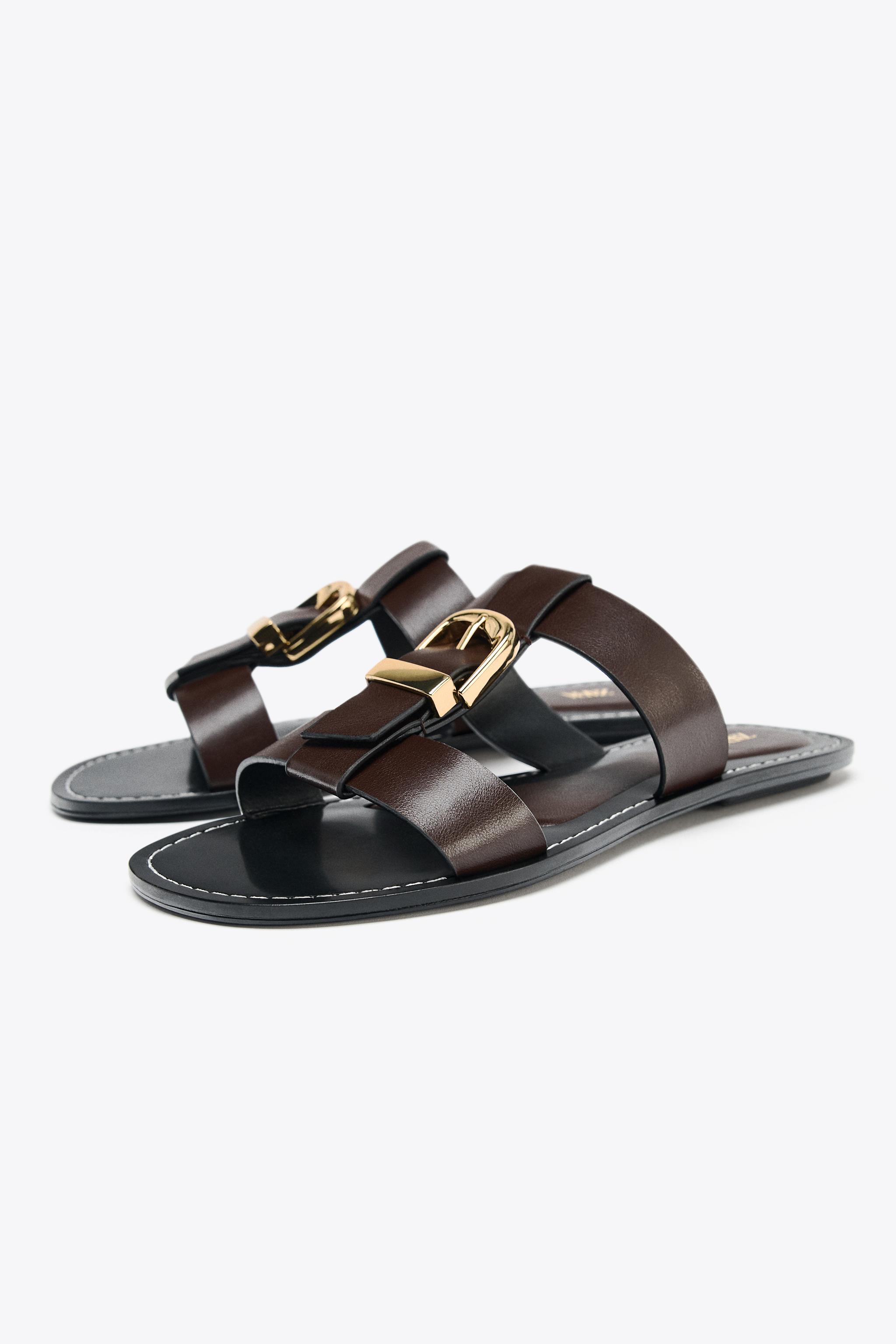 ★ZARA★ DOUBLE-STRAP FLAT SANDALS WITH BUCKLE DOUBLE STRAP BUCKLE FLAT SANDALS - Brown | ZARA United States