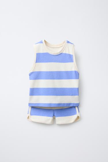 Zara STRIPED TOWEL T-SHIRT AND BERMUDA JOGGING SET - Blue / White