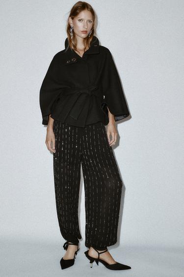 SHORT WOOL COAT WITH CAPE SLEEVES AND BELT - Black by Zara