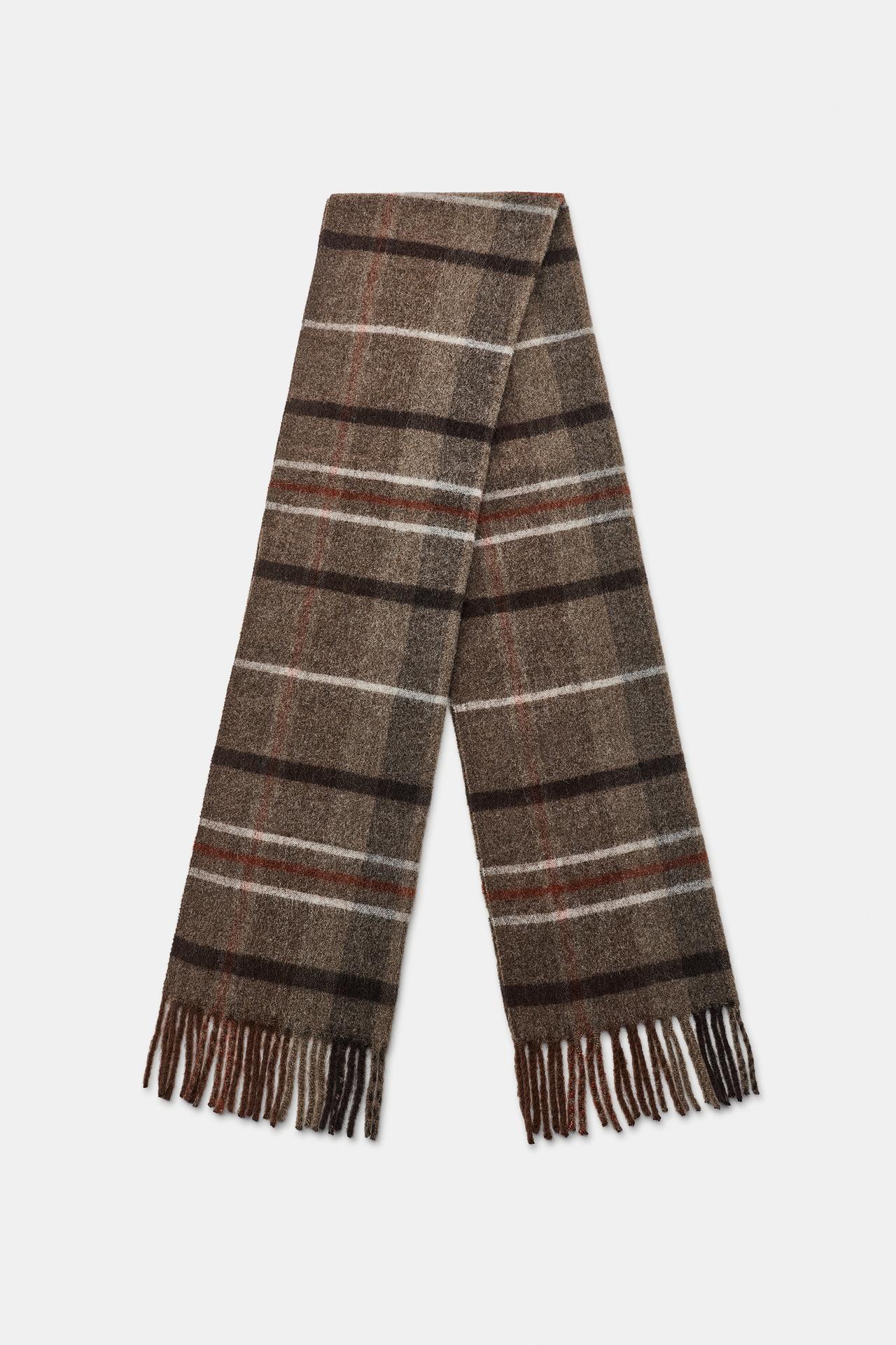 CHECKED FRINGE SCARF — Brown / Taupe