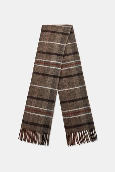 CHECKED FRINGE SCARF — Brown / Taupe 2