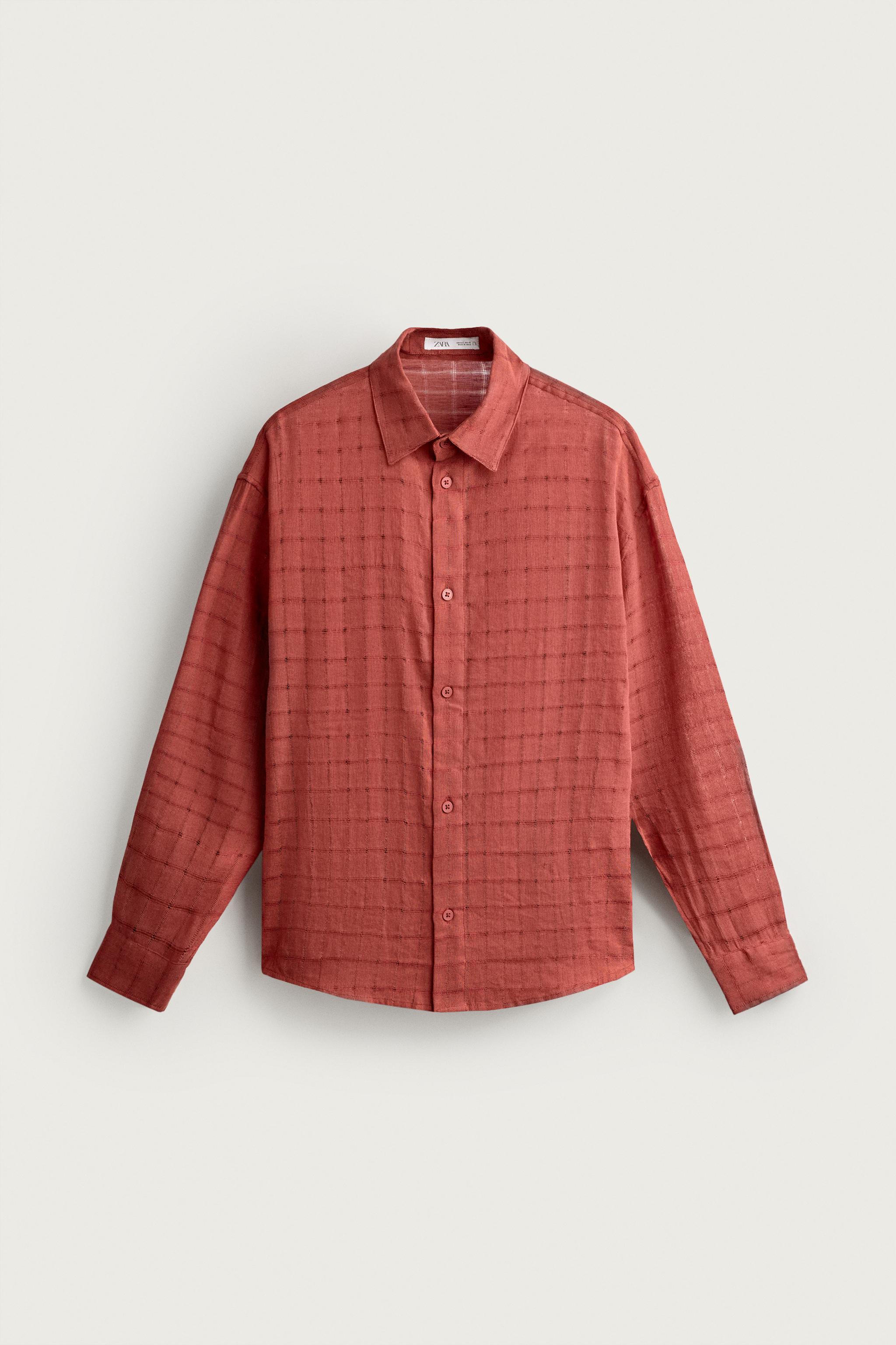 RELAXED FIT CHECKED LINEN COTTON JACQUARD SHIRT — Brick