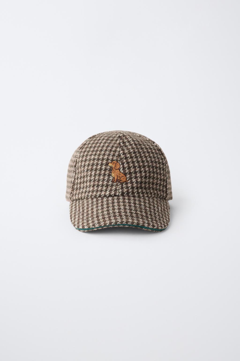 HOUNDSTOOTH CAP WITH EMBROIDERED DOG AND WOOL BLEND