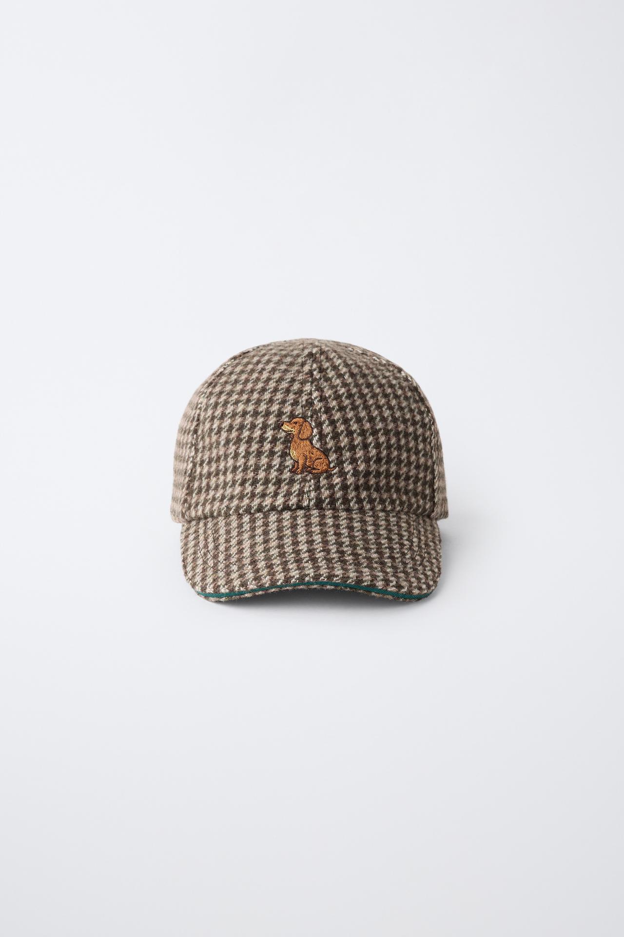 HOUNDSTOOTH CAP WITH EMBROIDERED DOG AND WOOL BLEND — charcoal gray