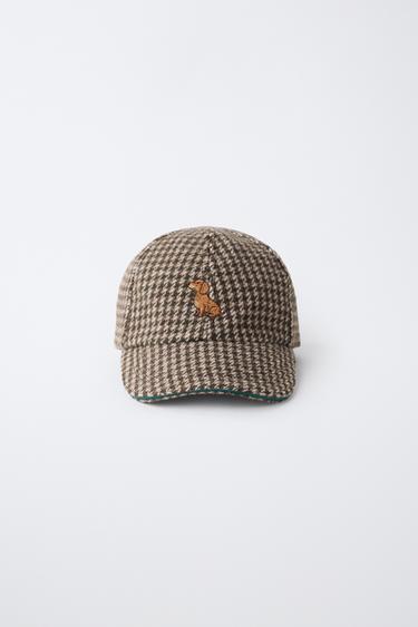 HOUNDSTOOTH CAP WITH EMBROIDERED DOG AND WOOL BLEND — charcoal gray 1