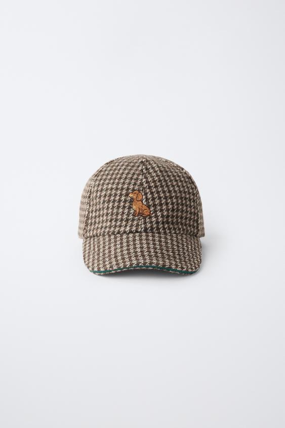 HOUNDSTOOTH CAP WITH EMBROIDERED DOG AND WOOL BLEND - charcoal grey by Zara - Image 0