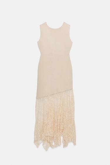 Zara COMBINATION LACE KNIT DRESS - Ecru