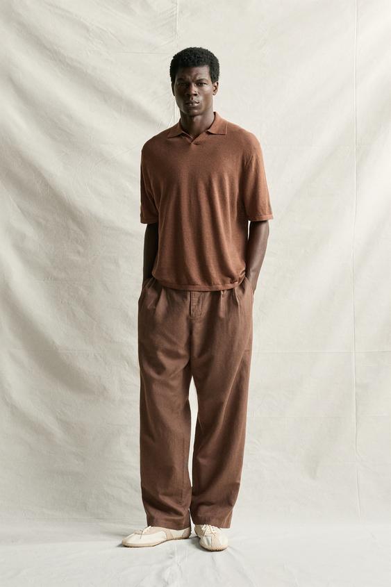 HEMP/COTTON KNIT POLO SHIRT - Brown marl by Zara - Image 0