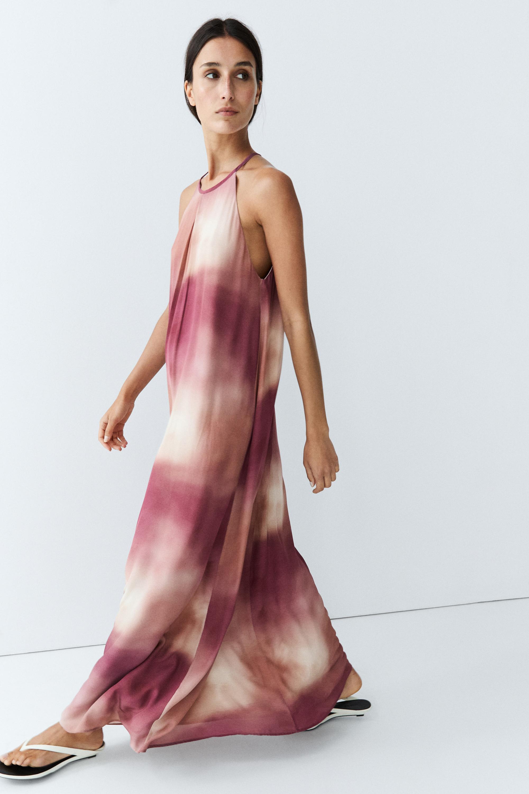 Printed tie-dye flowing halter maxi dress